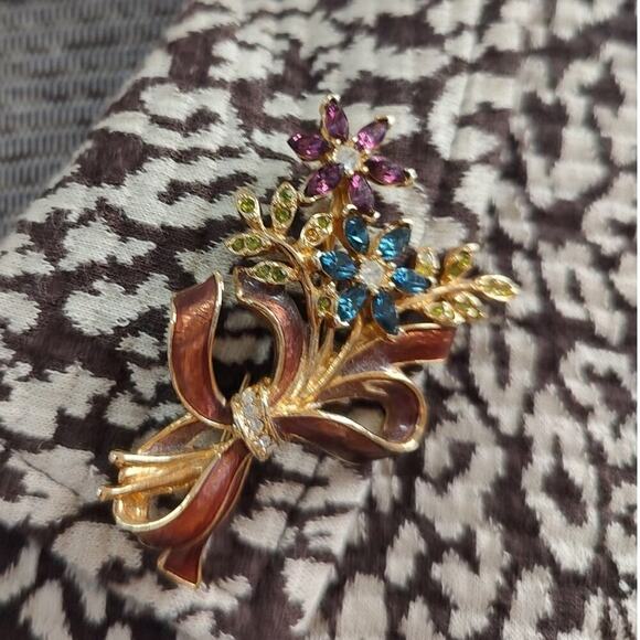 Charter Club Brown Cream Leopard Print Dress Jacket XL w/ Vintage Floral Brooch - Picture 7 of 16